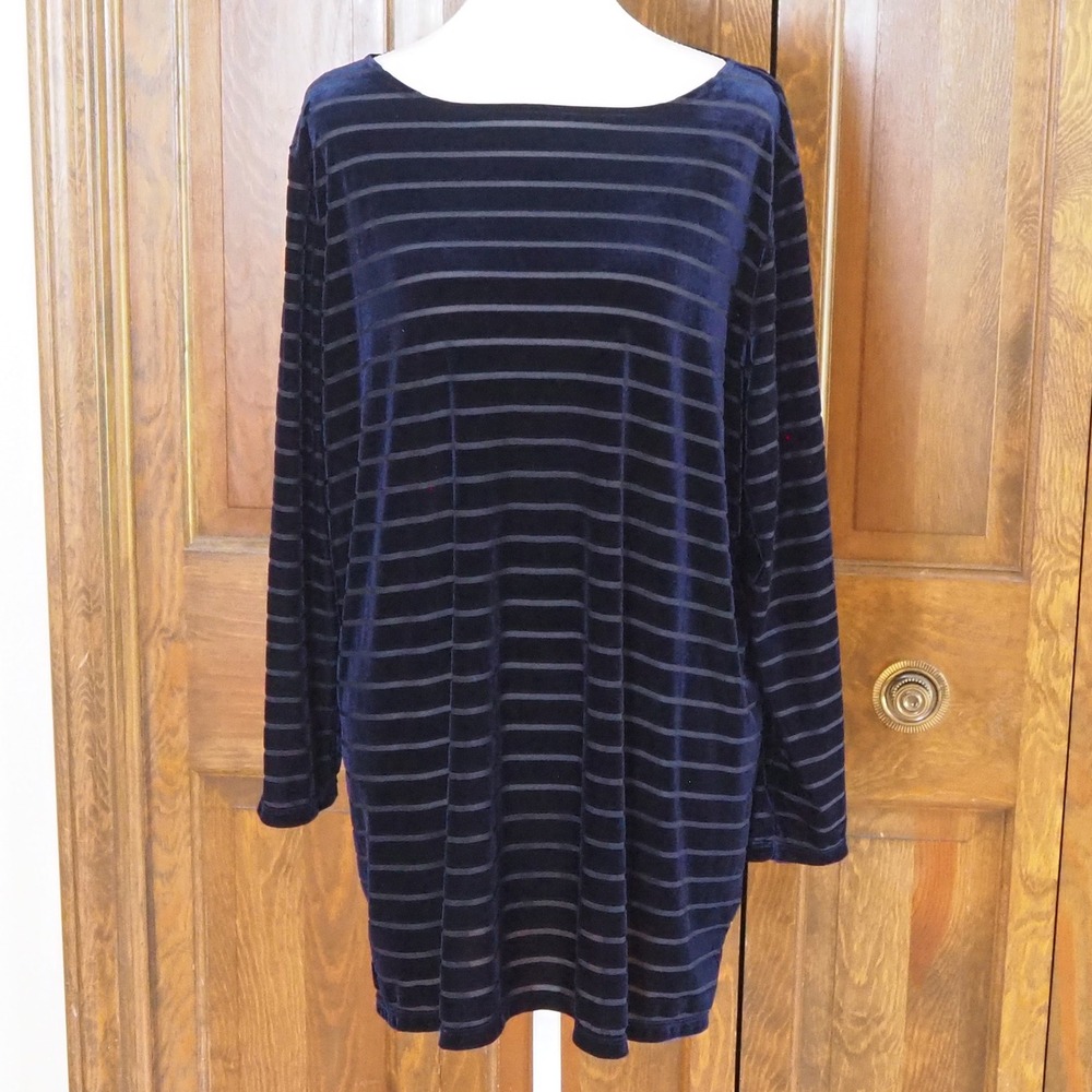Lauren Ralph Lauren Velvet Top Sz 2X Navy Burnout Stripe 3/4 Sleeve Boat Neck